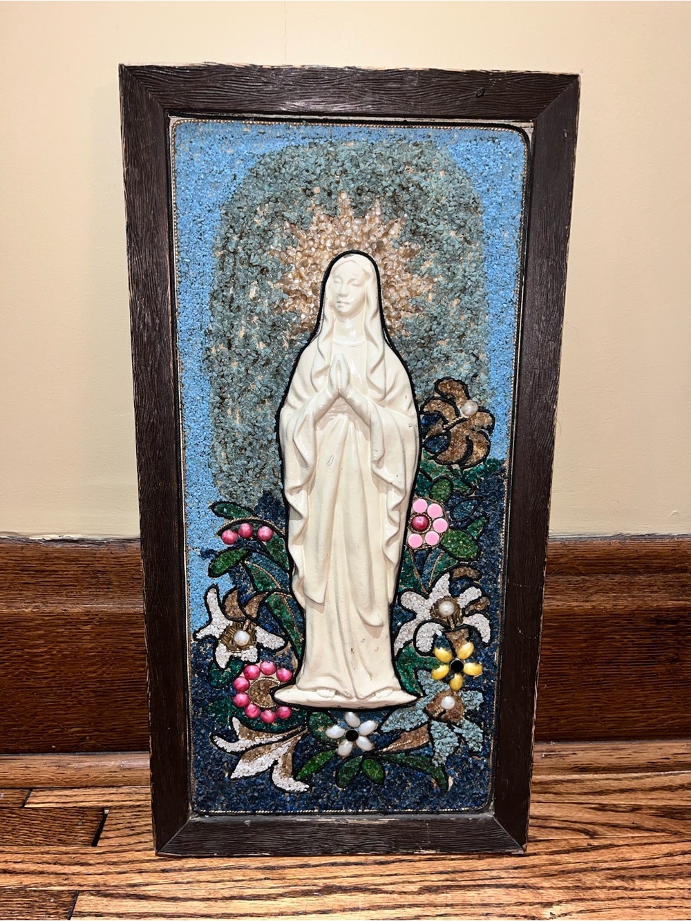 MCM Virgin Mary Pebble Gravel Wall Art Framed Religious Kitschy